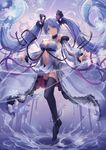  2016 artist_name black_legwear blue_eyes blue_hair breasts covered_nipples detached_sleeves floating_hair full_body hatsune_miku highres lace lace-trimmed_thighhighs large_breasts long_hair md5_mismatch mool_yueguang navel snowflakes solo thighhighs twintails very_long_hair vocaloid 