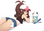  antenna_hair ass bare_shoulders baseball_cap black_vest blue_eyes blush brown_hair closed_mouth cutoffs denim denim_shorts eye_contact eyelashes from_behind gen_5_pokemon hat kuroonehalf long_hair looking_at_another lying on_stomach oshawott poke_ball_print pokemon pokemon_(creature) pokemon_(game) pokemon_bw ponytail shiny shiny_skin shirt short_shorts shorts sleeveless sleeveless_shirt smile sweatband thighs touko_(pokemon) vest white_hat white_shirt 