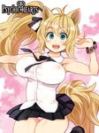  animal_ears arms_up blonde_hair breasts character_request covered_nipples green_eyes high_ponytail large_breasts logo long_hair looking_at_viewer lowres official_art open_mouth panties panty_peek plaid plaid_skirt psychic_hearts ryoji_(nomura_ryouji) skirt sleeveless solo tail underwear wristband 