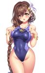  bad_id bad_twitter_id bangle blush bracelet braid breasts brown_eyes brown_hair collarbone competition_swimsuit covered_navel curvy flower gan_(shanimuni) hair_flower hair_ornament hair_over_shoulder highleg highleg_swimsuit highres jewelry kanpani_girls large_breasts long_hair mole mole_under_eye one-piece_swimsuit open_mouth shirayuri_sakura single_braid solo sweatdrop swimsuit thigh_gap wide_hips 