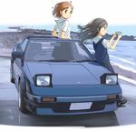  arm_support beach black_hair blurry brown_hair car cellphone depth_of_field ground_vehicle harbor leaning_back loafers long_hair looking_at_viewer looking_back motor_vehicle multiple_girls ocean original phone retsumaru right-hand_drive rock sailor_collar sailor_collar_lift school_uniform shoes short_hair smartphone smile toyota toyota_mr2 uniform_vest vest water wind 