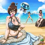  7th-heaven barefoot beach beads bikini bikini_under_clothes blush breasts brown_eyes brown_hair cameltoe choker cleavage cleavage_reach crop_top cutoffs d.va_(overwatch) day dual_wielding facial_mark food glasses goggles hair_bun hair_ornament hair_stick headphones highres holding hot jewelry large_breasts long_hair mei_(overwatch) mole mole_under_eye multiple_girls navel necklace overwatch plump popsicle robot short_hair short_shorts shorts side-tie_bikini snorkel snowball_(overwatch) strapless sunburn swimsuit swimsuit_under_clothes tracer_(overwatch) tubetop water_gun whisker_markings 