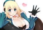  atago_(kantai_collection) black_bra black_gloves black_legwear blonde_hair blue_eyes bra breasts cleavage commentary_request gloves hat heart kantai_collection lace lace-trimmed_bra large_breasts long_hair long_sleeves looking_at_viewer mattari_yufi military military_uniform open_clothes open_shirt pantyhose shirt sitting sitting_on_lap sitting_on_person solo unbuttoned underwear uniform 