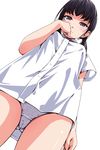  black_eyes black_hair blush cameltoe cowboy_shot from_below hand_on_own_face highres looking_at_viewer looking_down matsunaga_kouyou no_pants original panties shiny shiny_skin shirt simple_background solo twintails underwear upskirt white_background white_shirt 