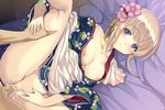  1girl bare_legs bed bergenia_(flower_knight_girl) blonde_hair breasts breasts_outside censored city_forest_online collarbone expressionless flower flower_knight_girl game_cg hair_flower hair_ornament hetero leg_grab medium_breasts missionary mosaic_censoring nipples official_art penis pillow purple_eyes sex shiny shiny_skin short_hair single_bare_shoulder solo_focus spread_legs vaginal 