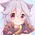  animal_ears bangs blush claw_(weapon) claw_pose erune eyebrows eyebrows_visible_through_hair eyelashes face granblue_fantasy grey_hair hair_between_eyes looking_at_viewer manatsuki_manata paw_print portrait red_eyes sen_(granblue_fantasy) silver_hair smile solo two-tone_background weapon younger 