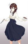  2016 absurdres ahoge anchor_symbol black_ribbon blue_eyes bowl braid brown_hair buttons center_frills chopsticks closed_mouth collared_shirt dated gradient gradient_background grey_background hair_ornament hair_over_shoulder hairpin high-waist_skirt highres holding holding_bowl kantai_collection long_hair long_skirt long_sleeves looking_at_viewer meme_attire remodel_(kantai_collection) ribbon shigure_(kantai_collection) shirt signature simple_background single_braid skirt smile solo unajuu_(set_mk) virgin_killer_outfit white_shirt wing_collar 