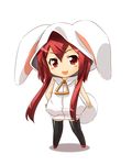  animal_hood black_legwear bunny_hood chibi highres iga_tamaki long_hair looking_at_viewer open_mouth original red_eyes red_hair simple_background smile solo thighhighs white_background 