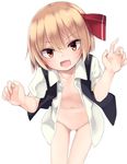  arai_togami bent_over blonde_hair blurry blush fang hair_ribbon looking_at_viewer navel no_bra no_panties open_clothes open_mouth open_shirt open_vest orange_eyes ribbon rumia shirt short_hair short_sleeves simple_background smile solo touhou vest white_background 