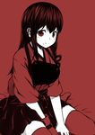  akagi_(kantai_collection) blush closed_mouth food food_on_face gloves hakama_skirt japanese_clothes kantai_collection kouji_(campus_life) long_hair monochrome muneate partly_fingerless_gloves red red_background rice rice_on_face short_sleeves simple_background single_glove sitting sketch smile solo thighhighs wariza yugake 