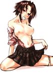  absurdres bare_shoulders blush breasts brown_hair collarbone condom condom_in_mouth dated head_tilt highres kotoba_noriaki large_breasts looking_at_viewer mouth_hold navel nipples off_shoulder open_clothes open_shirt original panties panties_around_one_leg plaid plaid_skirt pleated_skirt purple_eyes shirt short_hair signature simple_background skirt skirt_lift solo underwear white_background 