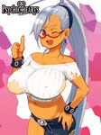  asymmetrical_bangs asymmetrical_legwear bangs breasts character_request covered_nipples cowboy_shot fang glasses hand_on_hip high_ponytail huge_breasts logo long_hair lowres midriff official_art one_eye_closed open_mouth psychic_hearts red-framed_eyewear red_eyes ryoji_(nomura_ryouji) semi-rimless_eyewear silver_hair solo thumbs_up torn_clothes wristband 