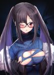  1girl akuta_hinako bangs black-framed_eyewear black_dress black_gloves black_hair blue_sweater blush breasts cleavage dress ear_piercing earrings eyebrows_visible_through_hair fate/grand_order fate_(series) glasses glint gloves hair_between_eyes highres jewelry large_breasts long_hair looking_at_viewer one_eye_closed open_mouth piercing red_eyes sidelocks skindentation solo sweater torn_sweater turtleneck twintails untsue upper_body very_long_hair 