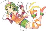  album_cover bow cable cover full_body goggles goggles_on_head green_eyes green_hair gumi holding holding_microphone microphone natsu_natsuna ribbon short_hair_with_long_locks shorts sidelocks smile solo star-shaped_eyewear striped striped_legwear vocaloid white_background wrist_ribbon 