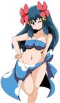  blue_eyes blue_hair blue_sarong breasts cosplay flower fuyou_(pokemon) fuyou_(pokemon)_(cosplay) hair_flower hair_ornament hikari_(pokemon) koutarosu large_breasts long_hair pokemon print_sarong sarong solo 