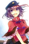  :d beret blue_ribbon chinese_clothes commentary_request hat jiangshi kutsuki_kai looking_at_viewer miyako_yoshika neck_ribbon ofuda open_mouth outstretched_arms purple_eyes purple_hair ribbon short_sleeves smile solo star touhou upper_body 