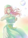  beret blue_eyes blurry blurry_background braid breasts bubble bubble_blowing chinese_clothes green_background green_skirt happy hat hong_meiling koyubi_(littlefinger1988) large_breasts long_hair long_skirt pants pink_background red_hair shirt side_slit skirt sleeves_rolled_up smile solo standing star tangzhuang teeth touhou twin_braids very_long_hair white_background white_pants white_shirt wind 