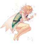  ahoge bare_legs barefoot belt blonde_hair cape creature dress feet flying frilled_dress frills from_side full_body green_dress long_sleeves original profile red_eyes short_hair simple_background solo white_background white_cape zuizi 