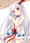  ahoge bare_shoulders blush buttons choko_(last_period) dress frills gloves hair_ornament heart heart_ahoge last_period long_hair looking_at_viewer maccha ornate_clothing red_eyes sleeveless sleeveless_dress solo very_long_hair white_dress white_gloves white_hair 