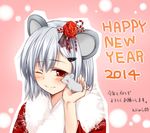  alternate_costume animal_ears blush english hair_ornament happy_new_year holding japanese_clothes kimono mouse mouse_ears nazrin new_year nnyara one_eye_closed pink_background short_hair smile solo touhou upper_body 