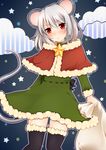  animal_ears black_legwear blush capelet dress green_dress holding looking_at_viewer mouse mouse_ears mouse_tail nazrin nnyara short_dress short_hair solo star tail thighhighs touhou winter_clothes zettai_ryouiki 