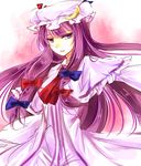  blue_bow blue_eyes blue_ribbon bow capelet commentary_request crescent dress frilled_dress frills hair_bow hair_ribbon hat hat_ribbon kutsuki_kai long_hair mob_cap patchouli_knowledge purple_dress purple_hair red_bow red_ribbon ribbon sidelocks solo striped striped_dress touhou tress_ribbon upper_body very_long_hair 