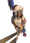  absurdres belt breasts brown_eyes brown_hair chainmail cowter from_above glasses gorget highres khezu_(armor) long_hair medium_breasts monster_hunter monster_hunter_x pouch shadow side_slit simple_background solo weapon white_background yan_wan 