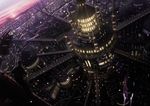  airship architecture bridge building city city_lights cityscape dark highres horizon no_humans original park river road scenery science_fiction shiki_makoto street tower tree twilight water 