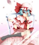  aeve black_legwear blue_hair brown_eyes collarbone dress fang hat looking_at_viewer pink_dress remilia_scarlet see-through short_hair sitting socks solo touhou vampire 