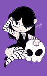  1girl black_hair goth hair_over_one_eye lucy_loud purple_background simple_background skull small_breasts the_loud_house 
