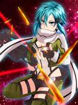  ammunition belt black_gloves black_shorts blue_eyes blue_hair breasts cleavage fingerless_gloves gloves green_jacket green_legwear gun hair_ornament hairclip holding holding_gun holding_weapon jacket medium_breasts open_clothes open_jacket oyatunoousama rifle scarf scarf_over_mouth short_hair short_shorts shorts sinon solo sword_art_online weapon white_legwear 