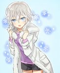  :d anastasia_(idolmaster) blue_background blue_eyes coat cowboy_shot cross cross_necklace fur_collar idolmaster idolmaster_cinderella_girls jewelry looking_at_viewer masunosushi necklace open_clothes open_coat open_mouth short_hair shorts silver_hair smile snowflakes solo winter_clothes winter_coat 