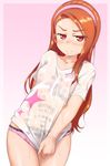  body_writing breasts covering female flat_chest headband idolmaster long_hair looking_at_viewer minase_iori orange_hair see-through sweat translation_request ttomm wet 