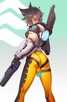  arrow ass brown_hair censored full-package_futanari futanari gun handgun highres looking_at_viewer looking_back overwatch pants penis pistol short_hair solo testicles tight tight_pants tomoyuki_kotani tracer_(overwatch) weapon 