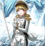  adjusting_clothes adjusting_gloves aiguillette blonde_hair brown_eyes earrings epaulettes flag gloves hair_ornament hairclip hat idolmaster idolmaster_cinderella_girls idolmaster_cinderella_girls_starlight_stage jewelry looking_away military military_uniform morikubo_nono pants peaked_cap seizon_honnou_valkyria short_hair solo torako_(toramaru) torn_clothes torn_pants uniform white_gloves white_pants 