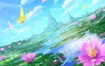  building butterfly cloud day dutch_angle fantasy field flower highres insect landscape lens_flare mountain no_humans original petals rainbow river scenery shiki_makoto sky water waterfall 