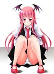  bare_legs black_skirt black_vest blush collared_shirt demon_girl eyebrows eyebrows_visible_through_hair full_body highres koakuma long_hair long_sleeves looking_at_viewer mary_janes no_legwear panties pink_hair pleated_skirt pointy_ears red_eyes red_hair shirt shoes simple_background skirt smile solo squatting succubus touhou underwear upskirt very_long_hair vest white_background white_panties white_shirt wing_collar yumi_(careca398) 