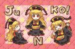  :d ;d black_dress blonde_hair blush character_name chibi chinese_clothes commentary crescent dress frog hat hug junko_(touhou) long_hair long_sleeves looking_at_viewer lowres multiple_girls multiple_views one_eye_closed open_mouth pote_(ptkan) red_eyes reisen_udongein_inaba sash smile tabard touhou very_long_hair wide_sleeves 
