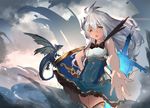  bad_id bad_pixiv_id bare_shoulders cloud dark_skin dragon dress granblue_fantasy hand_on_hip long_hair looking_at_viewer open_mouth outstretched_arm rorona_s. shield sketch solo sword thighhighs very_long_hair weapon white_hair yellow_eyes zooey_(granblue_fantasy) 