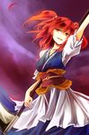  :d arm_up commentary_request hair_bobbles hair_ornament head_tilt japanese_clothes kutsuki_kai looking_at_viewer obi onozuka_komachi open_mouth petals puffy_short_sleeves puffy_sleeves red_eyes red_hair sash scythe shaded_face short_sleeves smile solo touhou two_side_up 