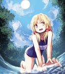  :d all_fours alternate_costume baram blonde_hair cloud day moriya_suwako no_hat no_headwear one-piece_swimsuit open_mouth school_swimsuit short_hair smile solo sun swimsuit touhou water yellow_eyes 