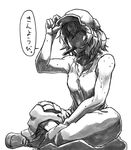  adapted_costume boots breasts cabbie_hat collarbone cucumber frustrated greyscale hair_bobbles hair_ornament hand_on_headwear hat indian_style kawashiro_nitori key koyubi_(littlefinger1988) looking_down monochrome mouth_hold short_hair sitting small_breasts solo sweat tank_top toned touhou two_side_up 