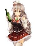  :&lt; absurdres alcohol bottle breasts brown_eyes grey_hair hat highres italian_clothes kantai_collection large_breasts long_hair meshi-dan miniskirt pola_(kantai_collection) simple_background skirt solo wavy_hair wine 