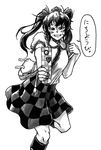  aiming_at_viewer bag bangs blush breasts cellphone checkered checkered_skirt greyscale grin handbag hat heart himekaidou_hatate koyubi_(littlefinger1988) large_breasts leg_up looking_at_viewer monochrome phone short_sleeves skirt smile solo tokin_hat touhou twintails 