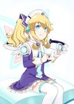  aomarugoma blonde_hair blue_eyes blush book eyewear_removed glasses hair_ornament highres histoire holding holding_eyewear long_hair looking_at_viewer neptune_(series) smile solo twintails wings 