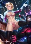  1boy 1girl abs absurdres artist_name asymmetrical_hair ballet_slippers blonde_hair blurry blurry_background bodysuit bra breasts city cleavage emphasis_lines eyebrow_piercing gwen_stacy highres hood hood_down looking_at_another marvel mask midair miles_morales navel navel_piercing nudtawut_thongmai paid_reward panties parted_lips patreon_reward piercing pink_bra pink_panties short_hair silk smile spider-gwen spider-man:_into_the_spider-verse spider-man_(miles_morales) spider-man_(series) spider_web spider_web_print spread_legs stomach superhero toned undercut underwear 
