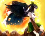  arm_cannon black_hair black_wings bow cape feathered_wings finger_to_mouth hair_bow highres long_hair naughty_face nnyara open_mouth ponytail profile red_eyes reiuji_utsuho solo third_eye touhou weapon wings 