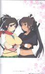  asuka_(senran_kagura) blue_eyes blush breast_hold breasts brown_eyes brown_hair erect_nipples homura_(senran_kagura) large_breasts long_hair midriff multiple_girls navel parted_lips ponytail senran_kagura smile 