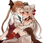  akigumo_(kantai_collection) amatsukaze_(kantai_collection) brown_eyes brown_hair clothes_down dress garter_straps green_eyes itomugi-kun kantai_collection long_hair multiple_girls open_mouth pantyhose papers ponytail ribbon sailor_dress school_uniform shirt silver_hair skirt sleeves_folded_up tears two_side_up yuri 