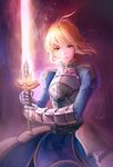 ahoge armor artist_name artoria_pendragon_(all) bad_id bad_pixiv_id braid fate/stay_night fate_(series) gauntlets glowing gorget green_eyes highres light- looking_at_viewer puffy_sleeves saber serious solo sword weapon 